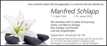 Traueranzeige von Manfred Schlapp von Starkenburger Echo