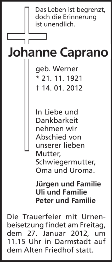  Traueranzeige für Johanne Caprano vom 24.01.2012 aus Darmstädter Echo, Odenwälder Echo, Rüsselsheimer Echo, Groß-Gerauer-Echo, Ried Echo