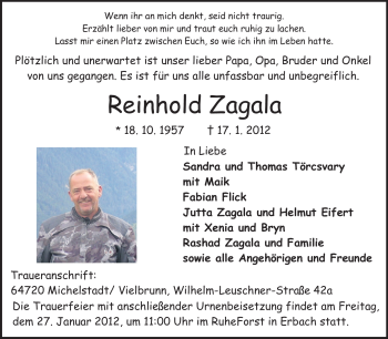 Traueranzeige von Reinhold Zagala von Odenwälder Echo