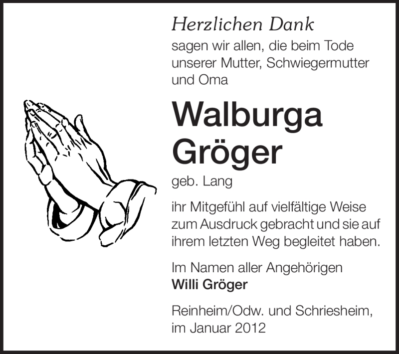  Traueranzeige für Walburga Gröger vom 28.01.2012 aus Echo-Zeitungen (Gesamtausgabe)