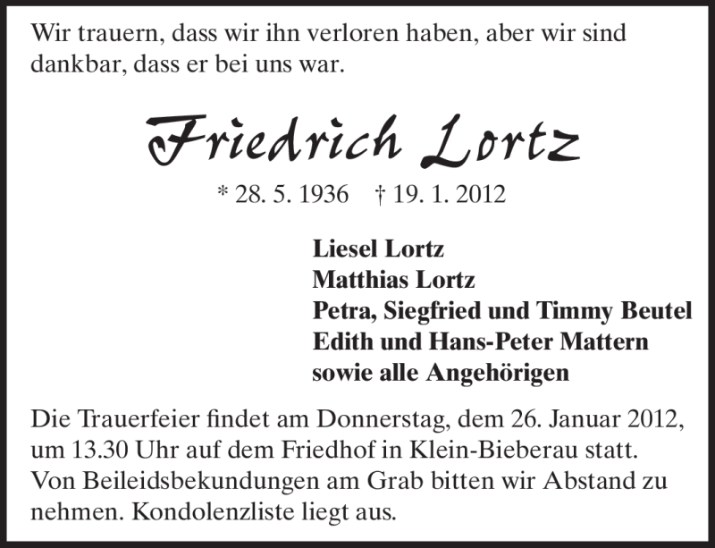  Traueranzeige für Friedrich Lortz vom 24.01.2012 aus Darmstädter Echo, Odenwälder Echo, Rüsselsheimer Echo, Groß-Gerauer-Echo, Ried Echo