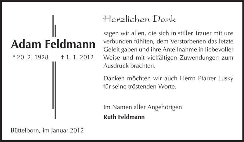  Traueranzeige für Adam Feldmann vom 25.01.2012 aus Rüsselsheimer Echo, Groß-Gerauer-Echo, Ried Echo