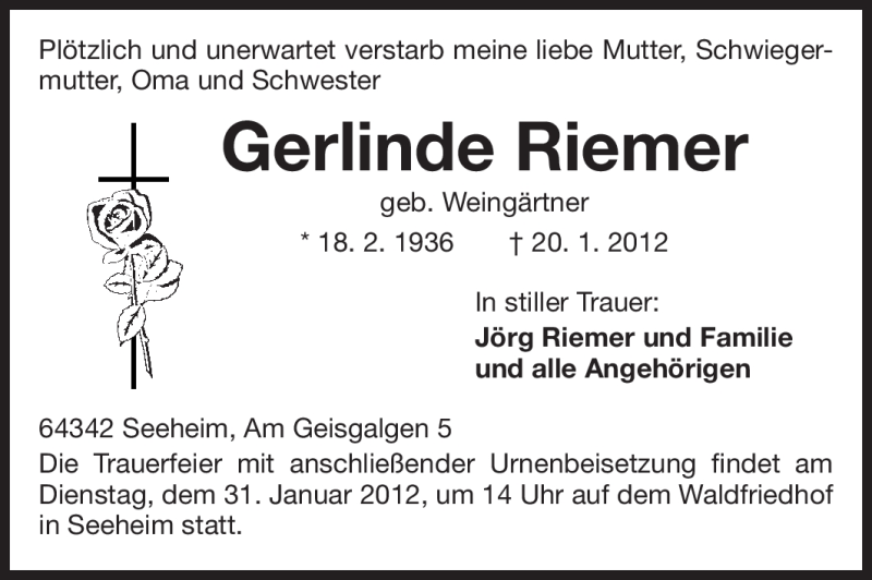  Traueranzeige für Gerlinde Riemer vom 25.01.2012 aus Echo-Zeitungen (Gesamtausgabe)