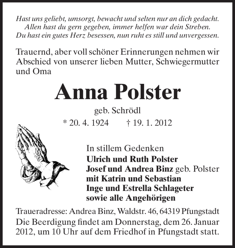  Traueranzeige für Anna Polster vom 25.01.2012 aus Echo-Zeitungen (Gesamtausgabe)