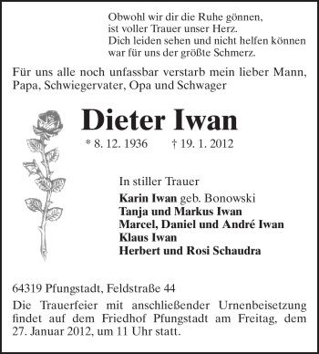 Traueranzeige von Dieter Iwan von Echo-Zeitungen (Gesamtausgabe)