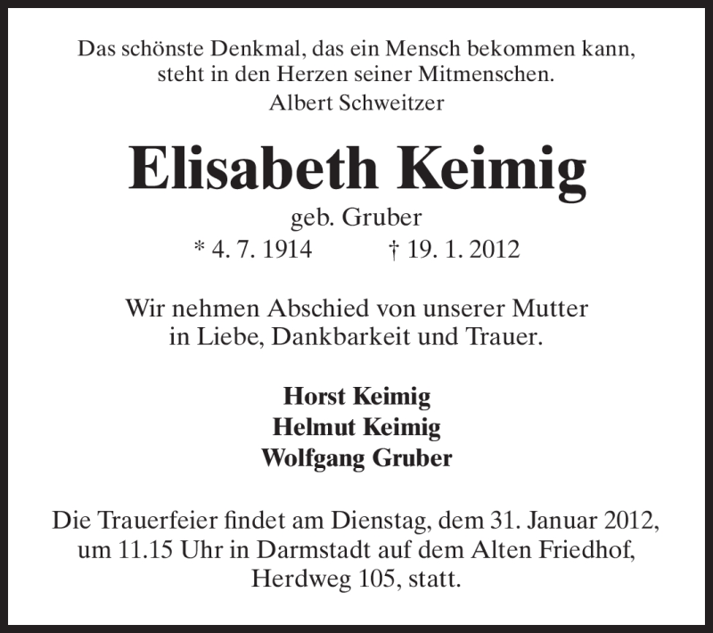  Traueranzeige für Elisabeth Keimig vom 28.01.2012 aus Echo-Zeitungen (Gesamtausgabe)