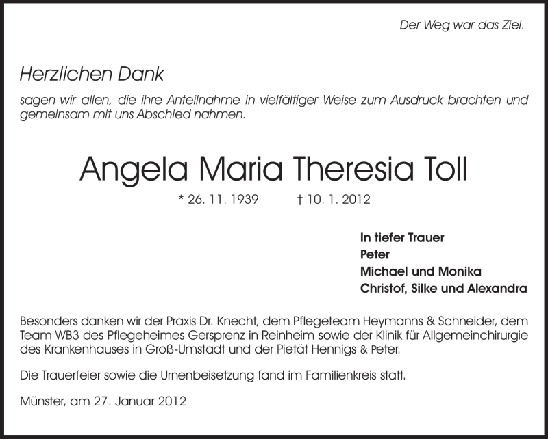  Traueranzeige für Angela Maria Theresia Toll vom 28.01.2012 aus Echo-Zeitungen (Gesamtausgabe)