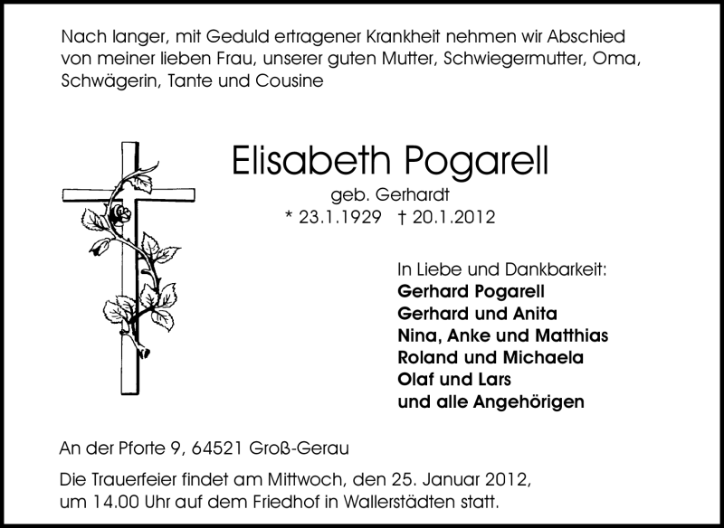  Traueranzeige für Elisabeth Pogarell vom 24.01.2012 aus Rüsselsheimer Echo, Groß-Gerauer-Echo, Ried Echo