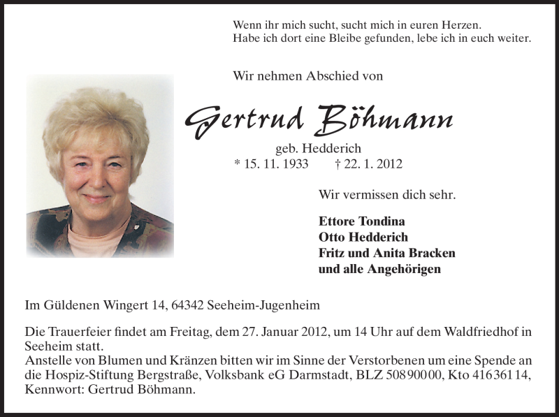  Traueranzeige für Gertrud Böhmann vom 25.01.2012 aus Echo-Zeitungen (Gesamtausgabe)