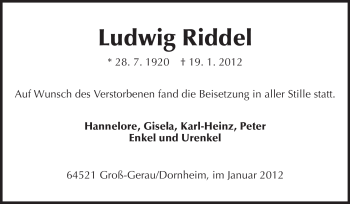 Traueranzeige von Ludwig Riddel von Rüsselsheimer Echo, Groß-Gerauer-Echo, Ried Echo
