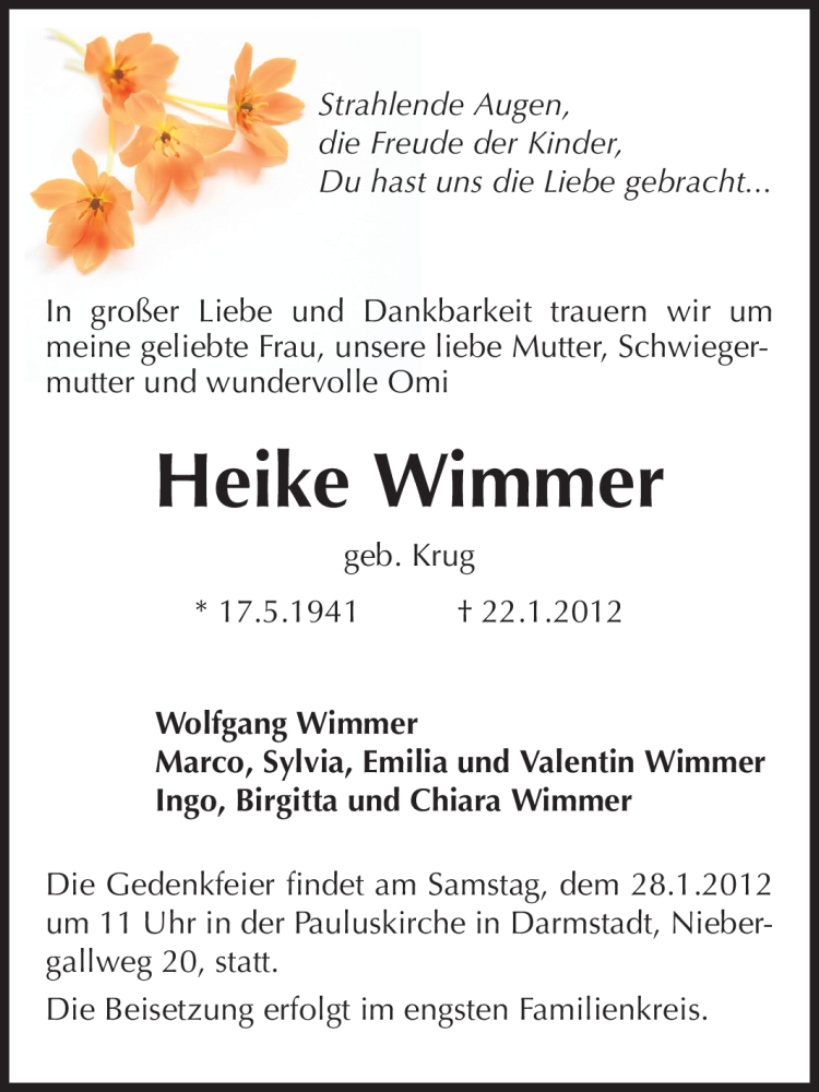  Traueranzeige für Heike Wimmer vom 25.01.2012 aus Darmstädter Echo, Odenwälder Echo, Rüsselsheimer Echo, Groß-Gerauer-Echo, Ried Echo
