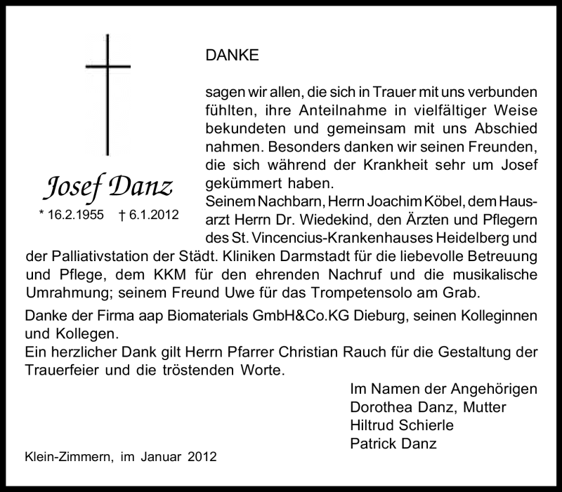 Traueranzeige für Josef Danz vom 28.01.2012 aus Echo-Zeitungen (Gesamtausgabe)