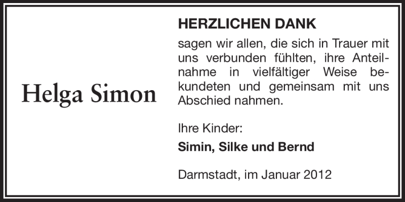 Traueranzeige für Helga Simon vom 28.01.2012 aus Darmstädter Echo, Odenwälder Echo, Rüsselsheimer Echo, Groß-Gerauer-Echo, Ried Echo