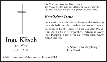Traueranzeige von Inge Klisch von Echo-Zeitungen (Gesamtausgabe)