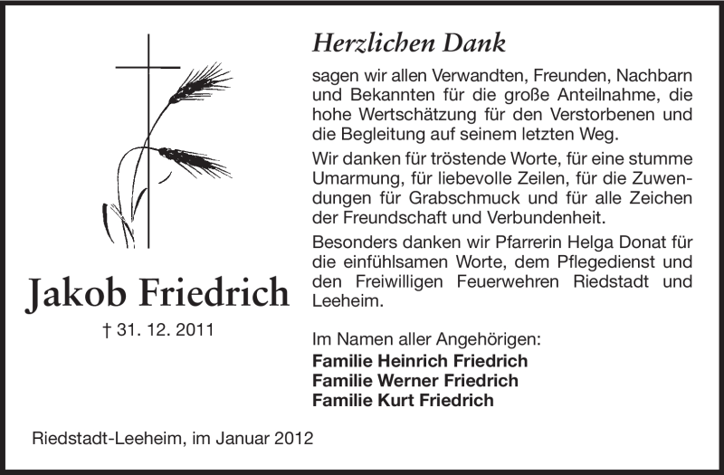  Traueranzeige für Jakob Friedrich vom 25.01.2012 aus Rüsselsheimer Echo, Groß-Gerauer-Echo, Ried Echo
