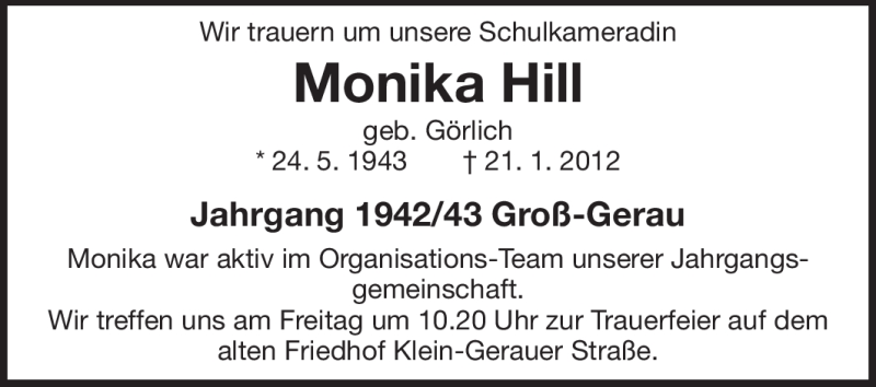  Traueranzeige für Monika Hill vom 25.01.2012 aus Rüsselsheimer Echo, Groß-Gerauer-Echo, Ried Echo
