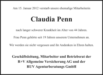 Traueranzeige von Claudia Penn von Echo-Zeitungen (Gesamtausgabe)