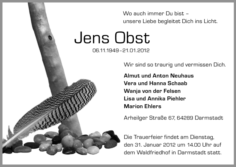 Traueranzeige für Jens Obst vom 25.01.2012 aus Echo-Zeitungen (Gesamtausgabe)