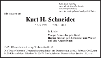Traueranzeige von Kurt Schneider von Rüsselsheimer Echo, Groß-Gerauer-Echo, Ried Echo