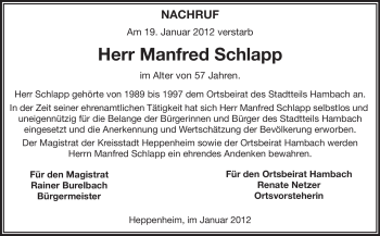 Traueranzeige von Manfred Schlapp von Starkenburger Echo