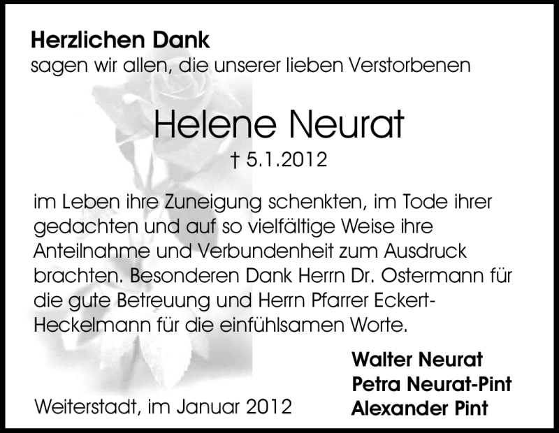  Traueranzeige für Helene Neurat vom 26.01.2012 aus Echo-Zeitungen (Gesamtausgabe)