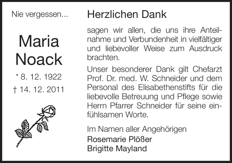  Traueranzeige für Maria Noack vom 28.01.2012 aus Echo-Zeitungen (Gesamtausgabe)