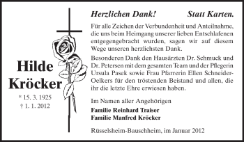 Traueranzeige von Hilde Kröcker von Rüsselsheimer Echo, Groß-Gerauer-Echo, Ried Echo
