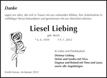 Traueranzeige von Liesel Liebing von Rüsselsheimer Echo, Groß-Gerauer-Echo, Ried Echo