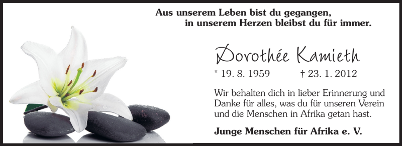  Traueranzeige für Dorothee Kamieth vom 26.01.2012 aus Darmstädter Echo, Odenwälder Echo, Rüsselsheimer Echo, Groß-Gerauer-Echo, Ried Echo