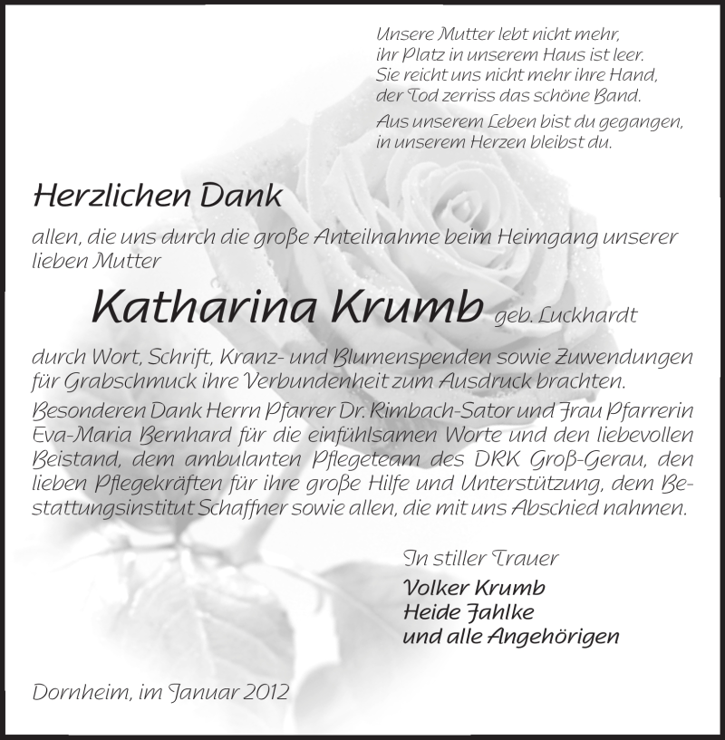  Traueranzeige für Katharina Krumb vom 28.01.2012 aus Rüsselsheimer Echo, Groß-Gerauer-Echo, Ried Echo