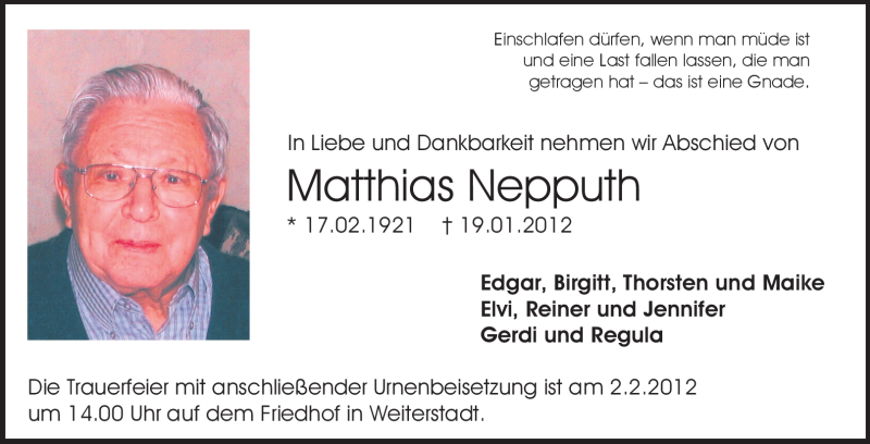  Traueranzeige für Matthias Nepputh vom 28.01.2012 aus Echo-Zeitungen (Gesamtausgabe)