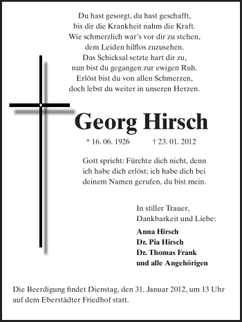 Traueranzeige von Georg Hirsch von Echo-Zeitungen (Gesamtausgabe)