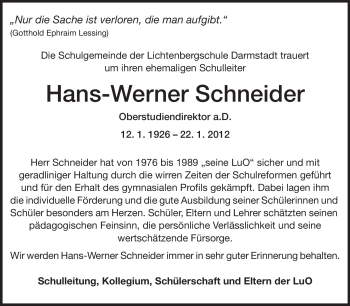 Traueranzeige von Hans Werner Schneider von Echo-Zeitungen (Gesamtausgabe)