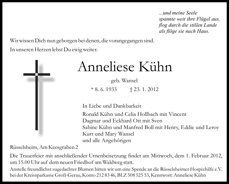  Traueranzeige für Anneliese Kühn vom 28.01.2012 aus Rüsselsheimer Echo, Groß-Gerauer-Echo, Ried Echo