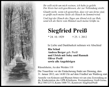 Traueranzeige von Siegfried Preiß von Rüsselsheimer Echo, Groß-Gerauer-Echo, Ried Echo