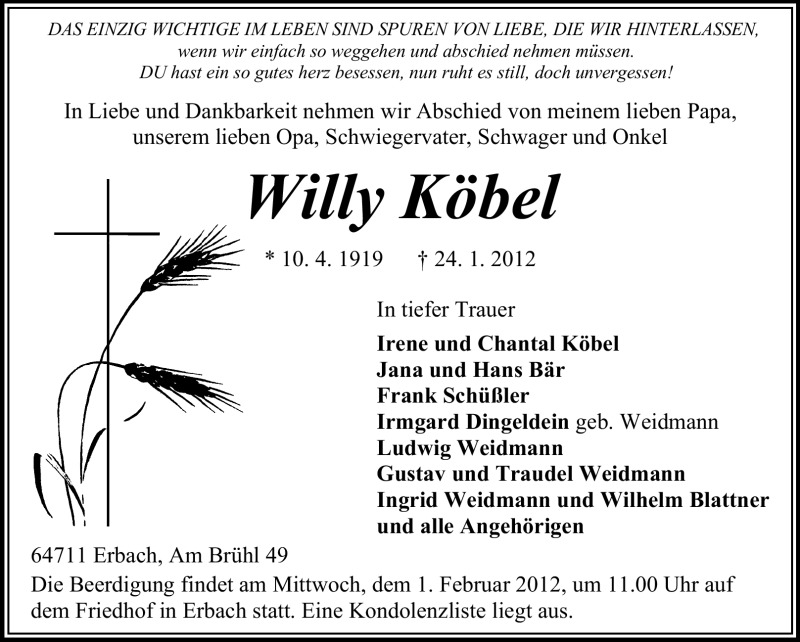  Traueranzeige für Willy Köbel vom 28.01.2012 aus Odenwälder Echo
