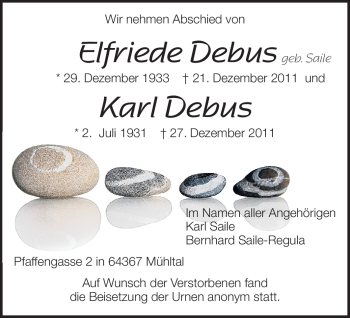Traueranzeige von Elfriede und Karl Debus von Darmstädter Echo, Odenwälder Echo, Rüsselsheimer Echo, Groß-Gerauer-Echo, Ried Echo