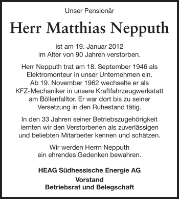Traueranzeige von Matthias Nepputh von Echo-Zeitungen (Gesamtausgabe)