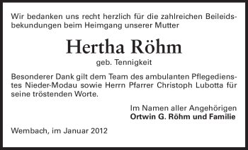 Traueranzeige von Hertha Röhm von Darmstädter Echo, Odenwälder Echo, Rüsselsheimer Echo, Groß-Gerauer-Echo, Ried Echo