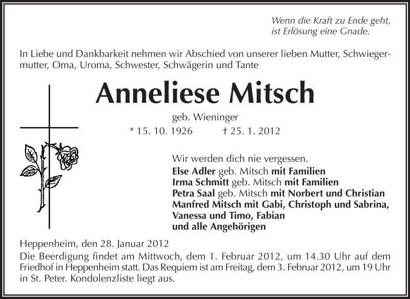  Traueranzeige für Anneliese Mitsch vom 28.01.2012 aus Starkenburger Echo