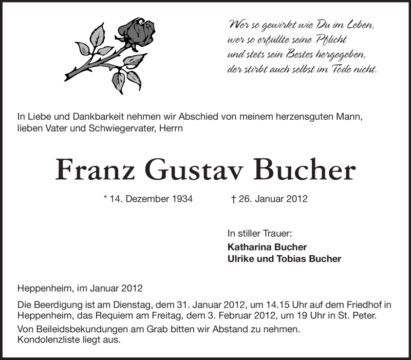  Traueranzeige für Franz Gustav Bucher vom 28.01.2012 aus Starkenburger Echo