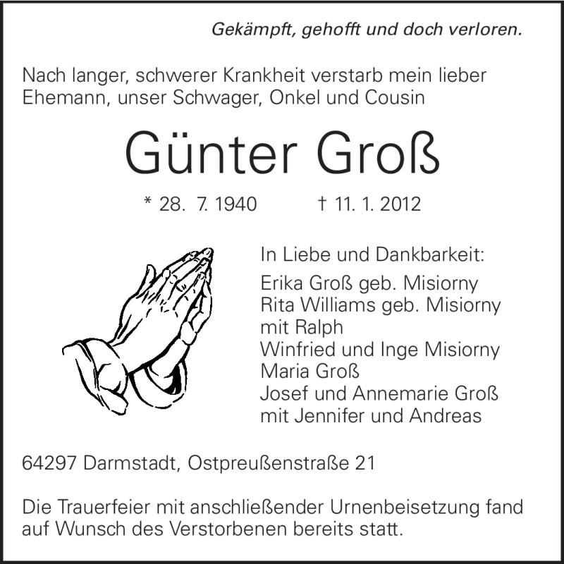  Traueranzeige für Günter Groß vom 28.01.2012 aus Echo-Zeitungen (Gesamtausgabe)