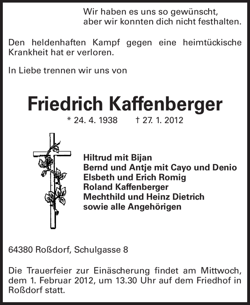 Traueranzeige für Friedrich Kaffenberger vom 30.01.2012 aus Echo-Zeitungen (Gesamtausgabe)