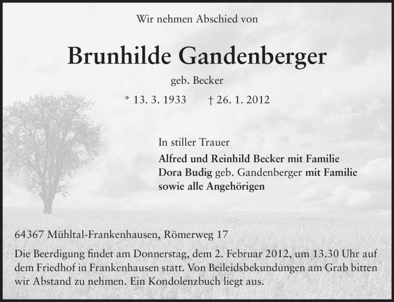  Traueranzeige für Brunhilde Gandenberger vom 31.01.2012 aus Echo-Zeitungen (Gesamtausgabe)