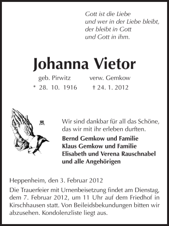 Traueranzeige von Johanna Vietor von Starkenburger Echo