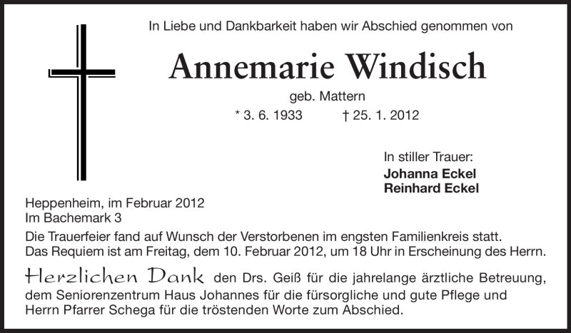  Traueranzeige für Annemarie Windisch vom 07.02.2012 aus Starkenburger Echo