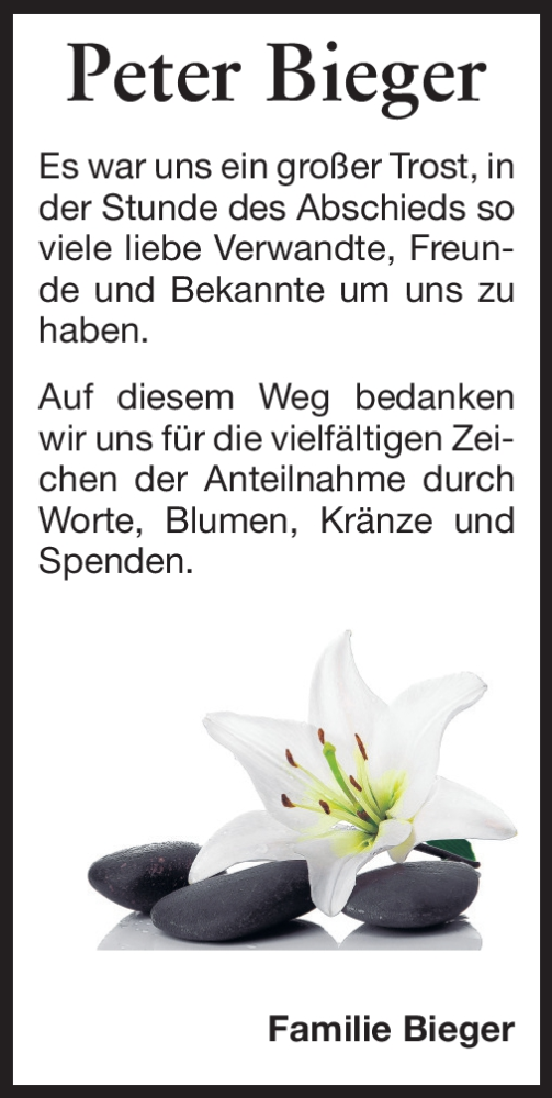  Traueranzeige für Peter Bieger vom 01.02.2012 aus Darmstädter Echo, Odenwälder Echo, Rüsselsheimer Echo, Groß-Gerauer-Echo, Ried Echo