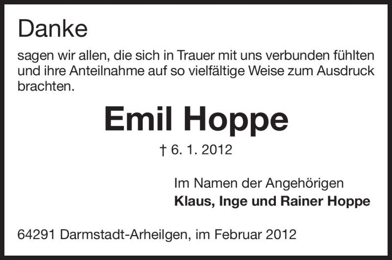  Traueranzeige für Emil Hoppe vom 04.02.2012 aus Echo-Zeitungen (Gesamtausgabe)