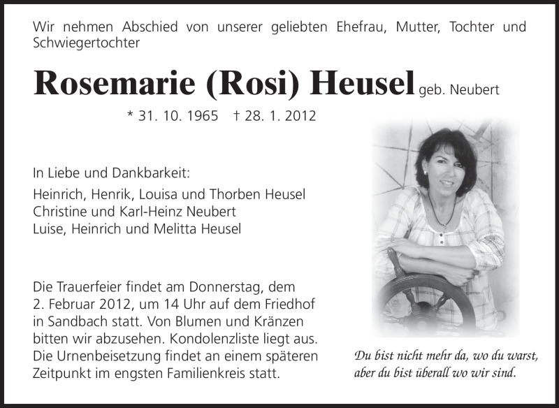  Traueranzeige für Rosemarie Heusel vom 31.01.2012 aus Odenwälder Echo