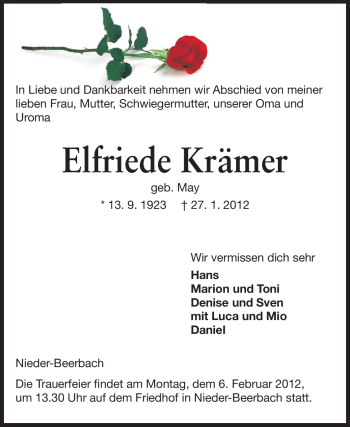 Traueranzeige von Elfriede Krämer von Echo-Zeitungen (Gesamtausgabe)